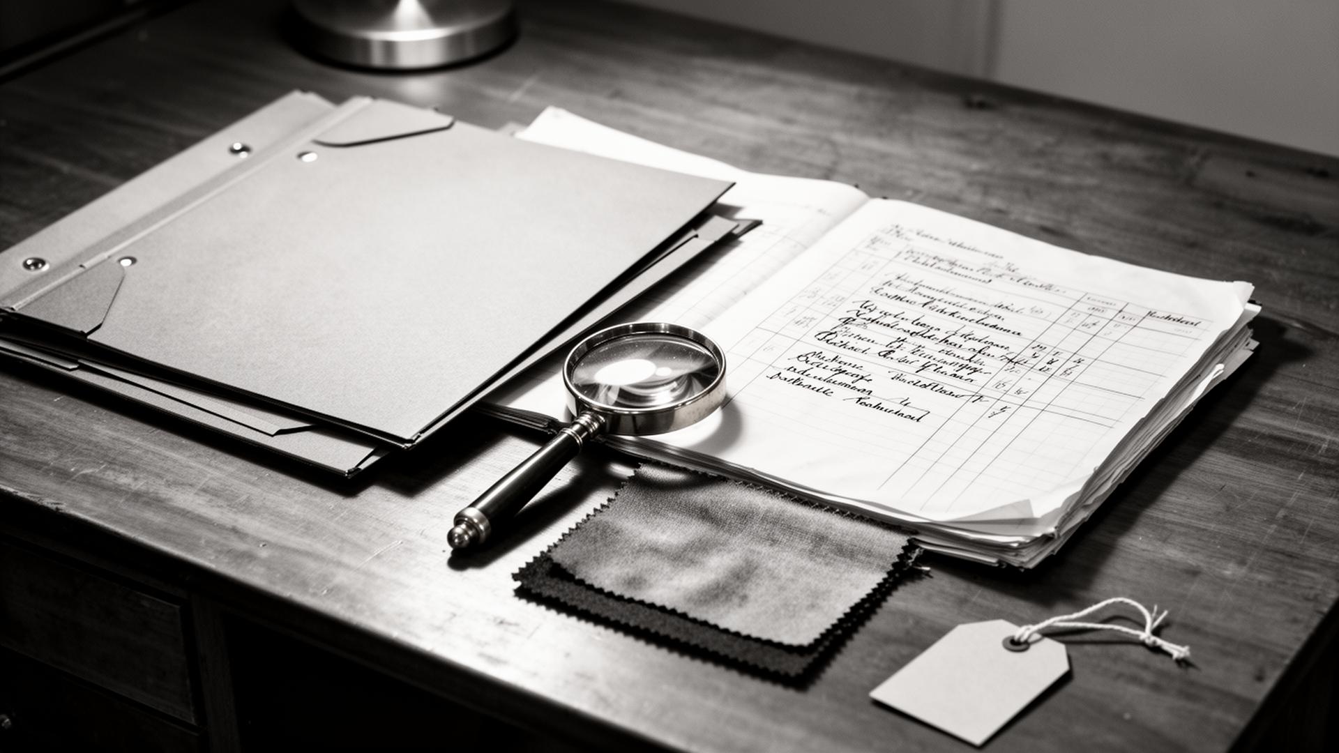 Archival documentation, manila folders, a brass loupe and fabric swatches