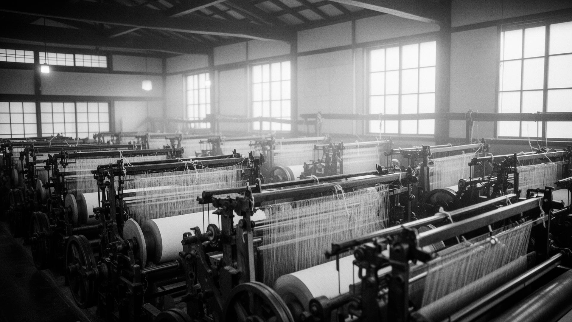 A traditional Japanese textile mill interior with rows of looms